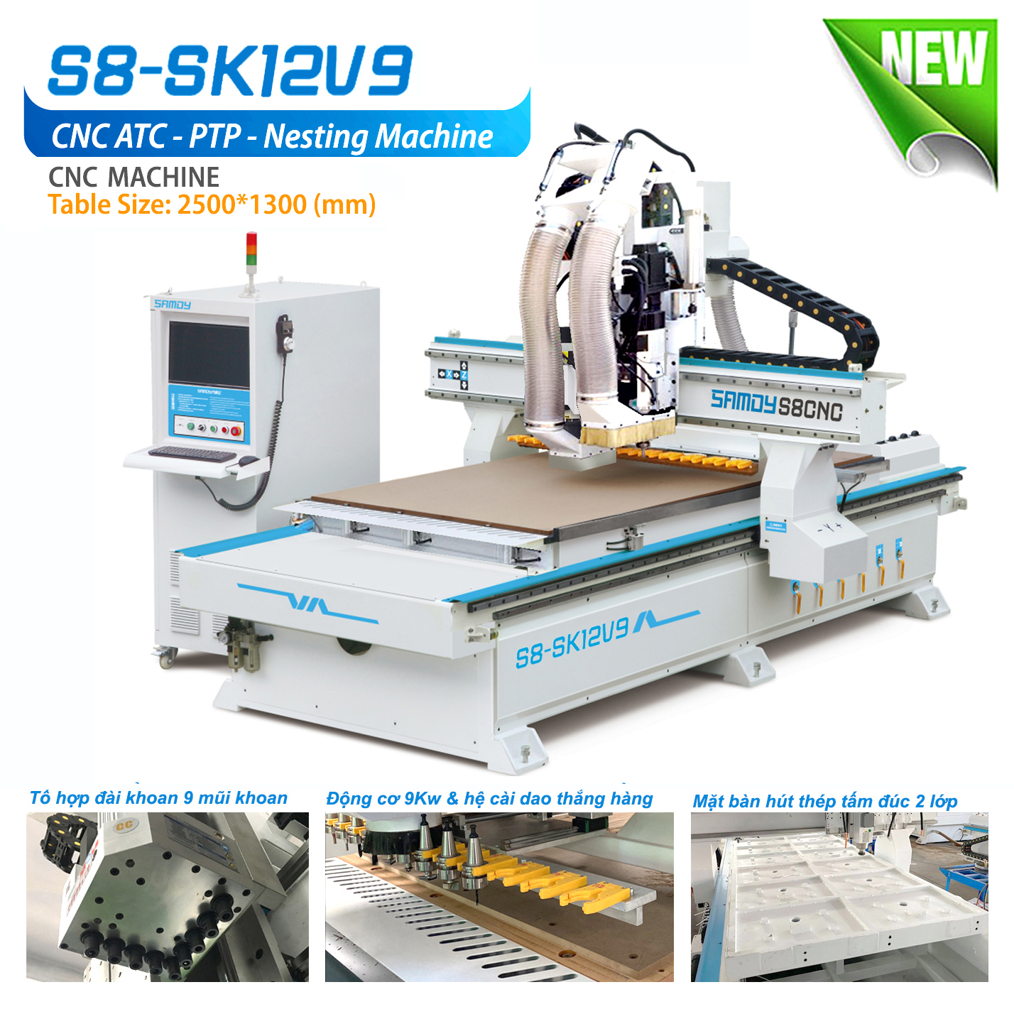 Máy CNC ATC GCTT S8 - SK12V9 tốc độ cao loại tải nặng với bàn hút tiêu chuẩn, bơm hút chân không 11Kw kích thước bàn làm việc 1300*2800mm
