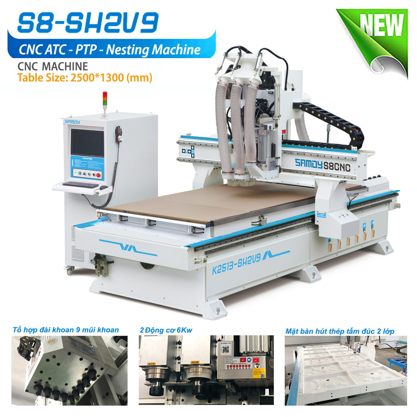Máy CNC Nesting GCTT S8 - SH2V9 Tốc độ Cao, thuộc Dòng hạng nặng với bơm hút chân không 7.5Kw, kích thước mặt bàn làm việc tiêu chuẩn 1300*2500mm