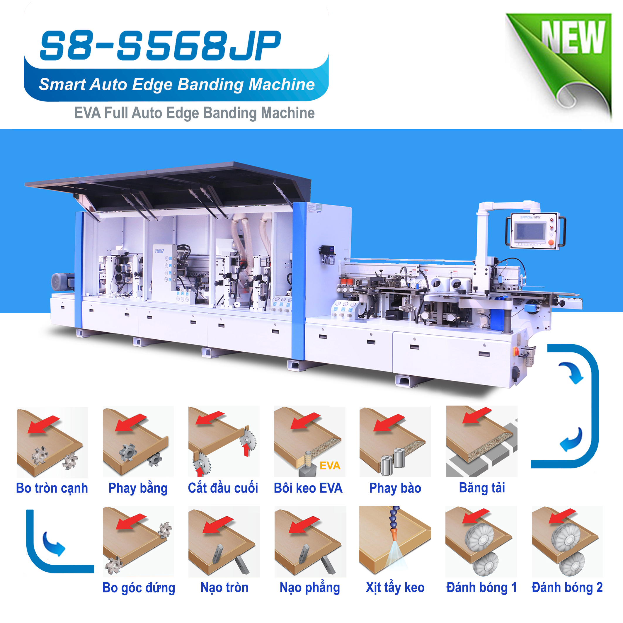 Máy dán cạnh tự động 10 công năng (9 chức năng dán sửa cạnh nẹp + 1 chức năng xịt vệ sinh keo)  S8 - S568JP